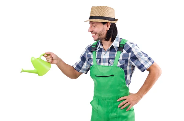 Young cheerful gardener with watering can isolated on white — Stock Photo, Image