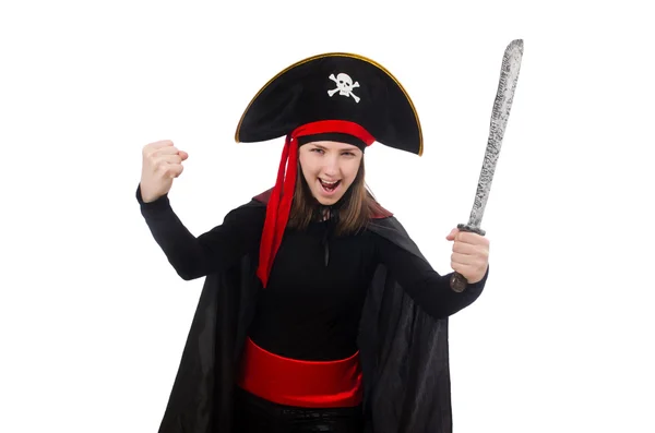 Vrouw piraat geïsoleerd op wit — Stockfoto