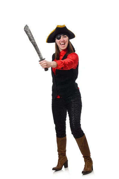 Female pirate holding sword isolated on white — Stock Photo, Image