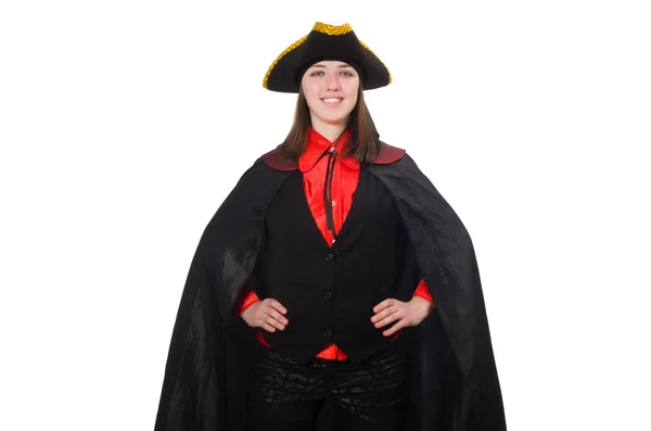 Pirata fêmea em casaco preto isolado em branco — Fotografia de Stock