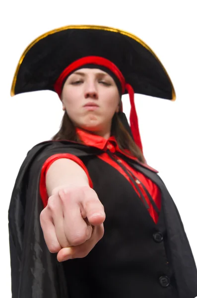 Female pirate in black coat isolated on white — Stock Photo, Image