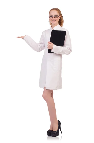 Досить жіночий лікар тримає щоденник ізольовано на білому — стокове фото