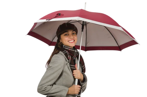 Woman with umbrella isolated on white — Stock Photo, Image