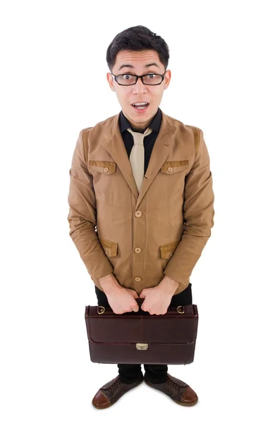 Ung man med brun portfölj isolerad på vitt — Stockfoto