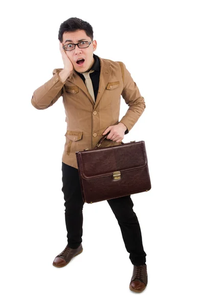 Young man with brown briefcase isolated on white — Stock Photo, Image