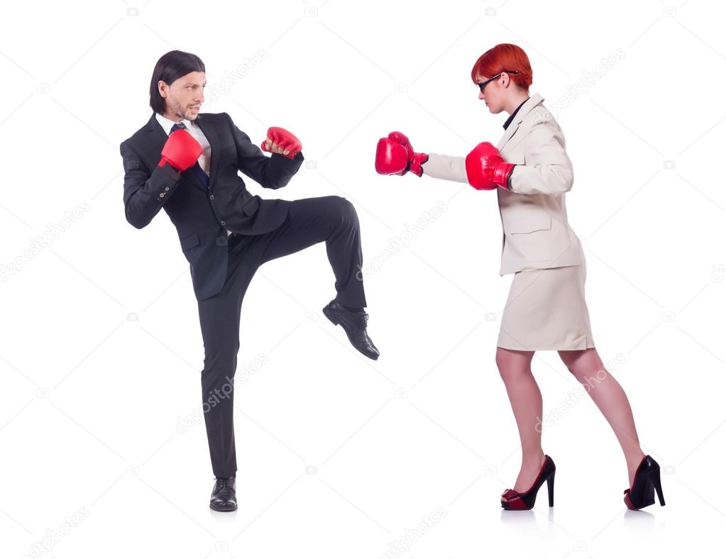Businessmen with boxing gloves on white
