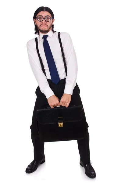 Young businessman holding briefcase isolated on white — Stock Photo, Image