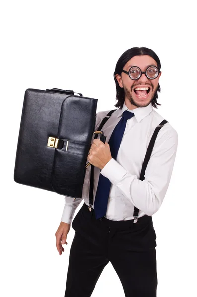Mladý podnikatel drží kufřík izolovaný na bílém — Stock fotografie