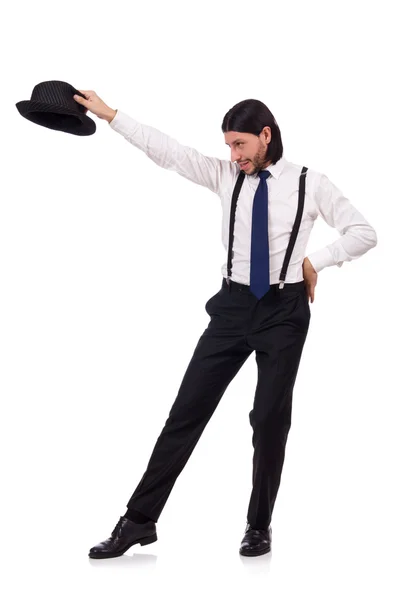 Man wearing hat and suspenders isolated on white — Stock Photo, Image