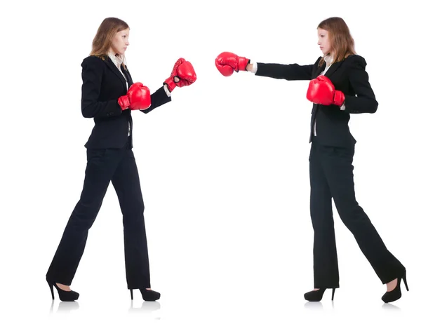 Mujer mujer de negocios con guantes de boxeo en blanco —  Fotos de Stock