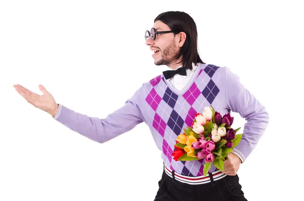 Hombre sosteniendo tulipanes aislados en blanco —  Fotos de Stock