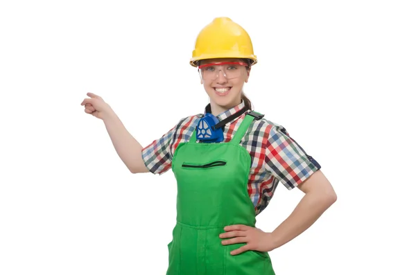 Kvinnlig arbetstagare bära overall isolerad på vit — Stockfoto