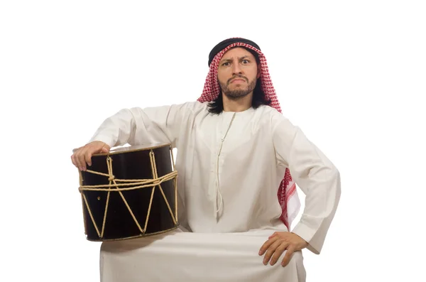 Arabische man spelen trommel geïsoleerd op wit — Stockfoto