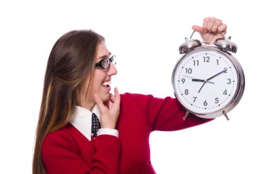 Alarm saatini tutan ofis çalışanı beyaza izole edilmiş