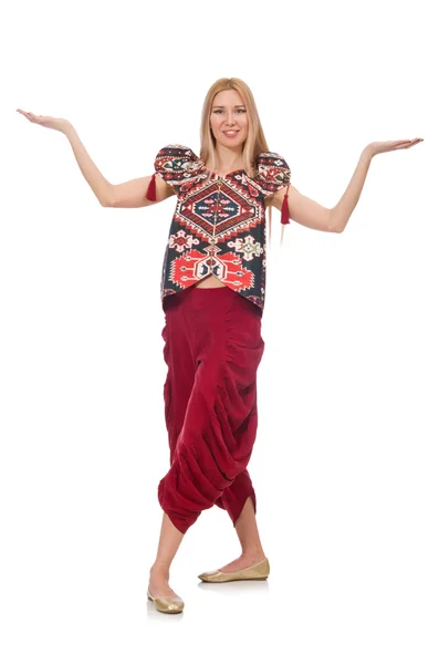 Frau in aserbaidschanischer Ornamentkleidung isoliert auf weißem Grund — Stockfoto