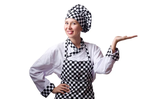 Femme chef en uniforme isolée sur blanc — Photo