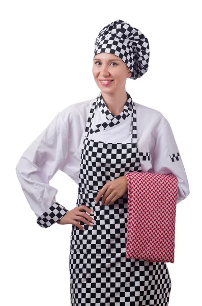 Female chef holding towel isolated on white — Stock Photo, Image