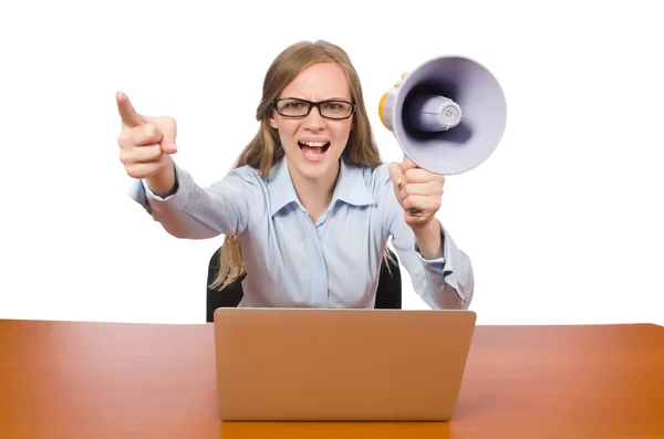 Office employee at job with loudspeaker isolated on white — Stock Photo, Image