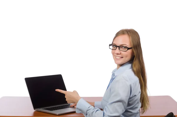 Ufficio dipendente al tavolo di lavoro isolato su bianco — Foto Stock