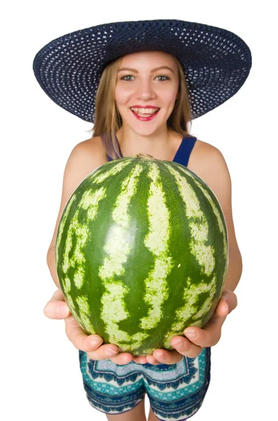 Woman with watermelon isolated on white — Stock Photo, Image