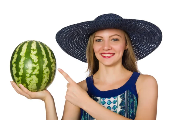 Woman with watermelon isolated on white — Stock Photo, Image