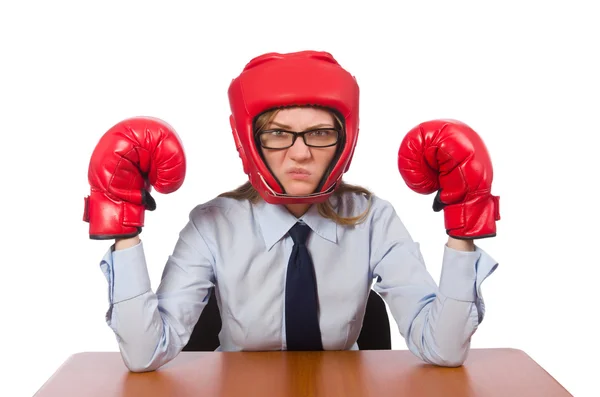 Büroangestellte bei der Arbeit mit Boxhandschuhen auf weißem Grund — Stockfoto