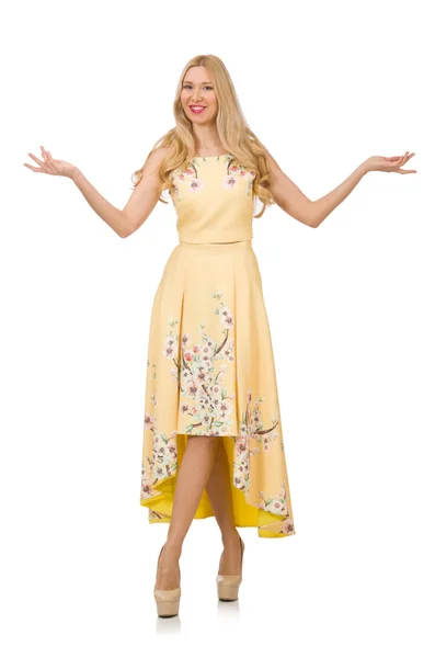 Blond girl in charming dress with flower prints isolated on whit — Stock Photo, Image
