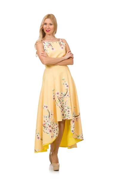 Chica rubia en vestido encantador con estampados de flores aislados en whit —  Fotos de Stock