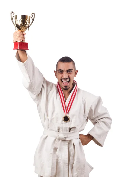 Divertido luchador de karate con copa en blanco —  Fotos de Stock