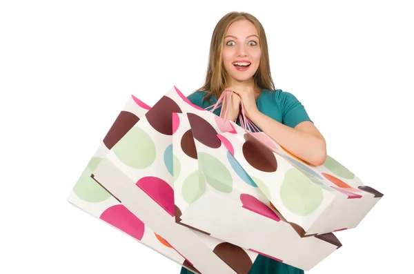 Žena v vánoční nákupní koncept na bílém — Stock fotografie