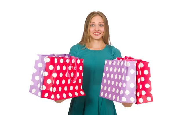 Mujer en el concepto de compras de Navidad en blanco — Foto de Stock