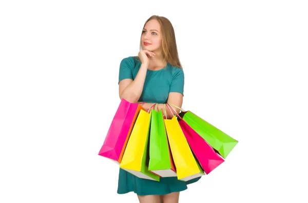 Frau im Weihnachtseinkaufskonzept auf Weiß — Stockfoto