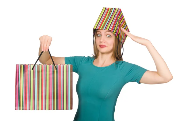 Mulher no conceito de compras de Natal em branco — Fotografia de Stock