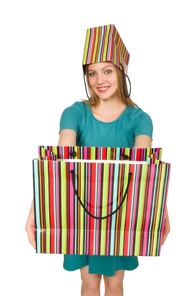 Woman in christmas shopping concept on white — Stock Photo, Image