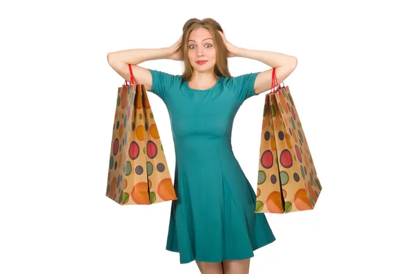 Mujer en el concepto de compras de Navidad en blanco —  Fotos de Stock