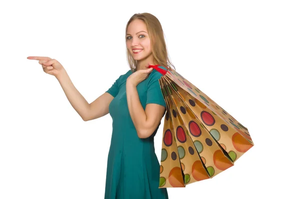 Woman in christmas shopping concept on white — Stock Photo, Image