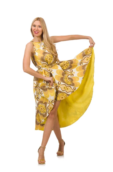 Lady w uroczej żółtej sukience izolowane na białym — Zdjęcie stockowe