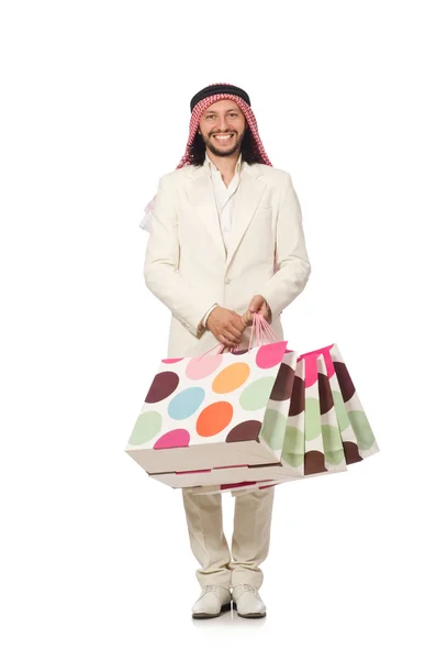 Arab man with shopping bags on white — Stock Photo, Image