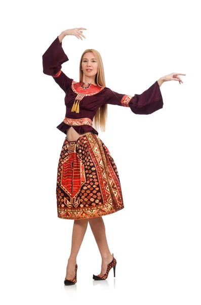 Frau in Kleid mit orientalischen Prints isoliert auf weiß — Stockfoto