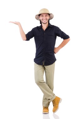 Beyaz safari şapkalı adam.