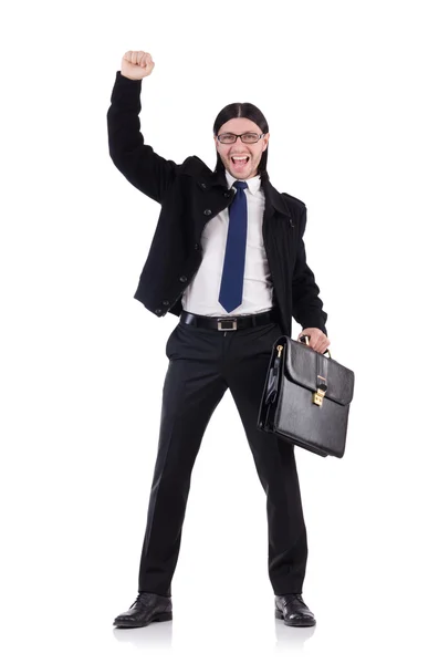 Young businessman holding briefcase isolated on white — Stock Photo, Image