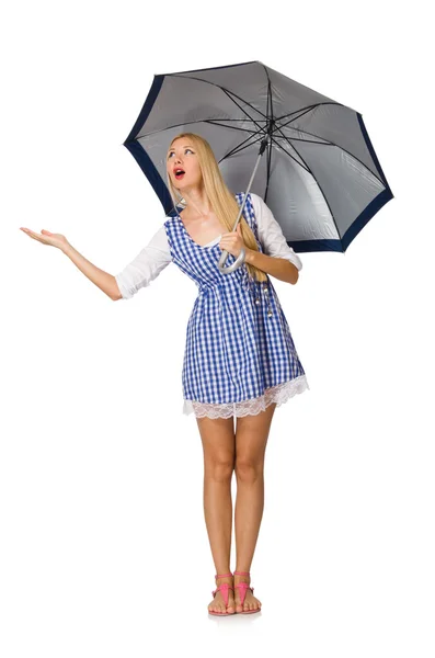 Vrouw met paraplu geïsoleerd op wit — Stockfoto