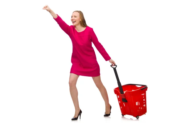 Frau mit Einkaufswagen isoliert auf weiß — Stockfoto