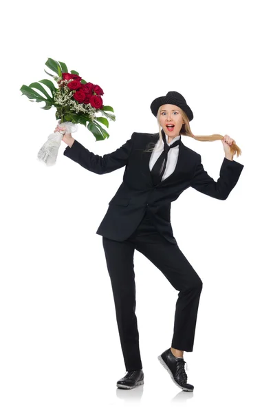 Mujer con racimo de rosas aisladas sobre blanco — Foto de Stock