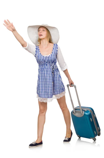 Woman ready for summer travel isolated on white — Stock Photo, Image