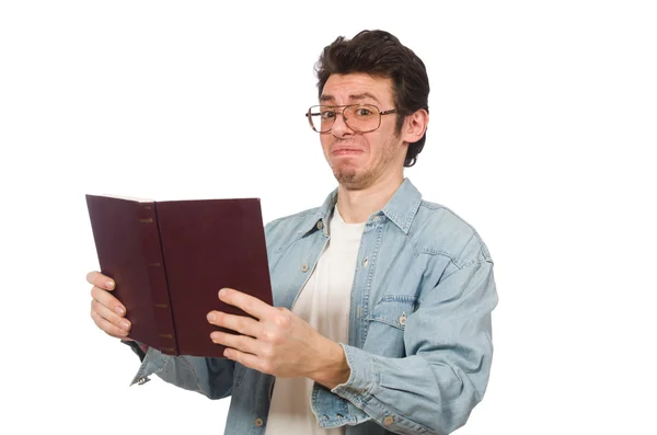 Estudiante con libro aislado en blanco — Foto de Stock