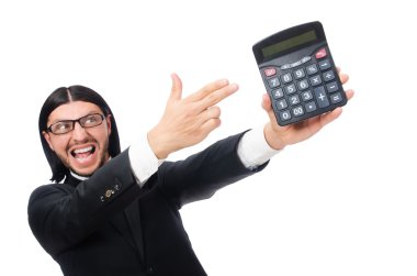 Hesap makinesi olan adam beyazda izole edildi