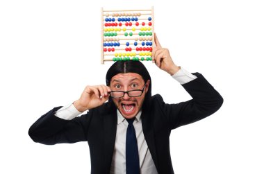 Hesap makinesi ve abaküsü olan komik bir adam.