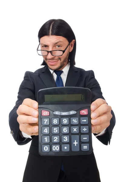 Muž s kalkulačkou izolovanou na bílém — Stock fotografie