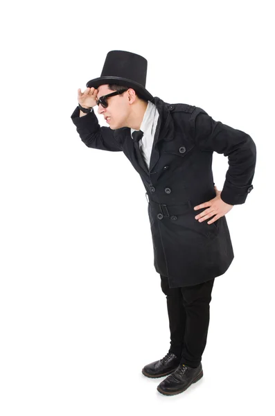 Giovane detective in cappotto nero isolato su bianco — Foto Stock